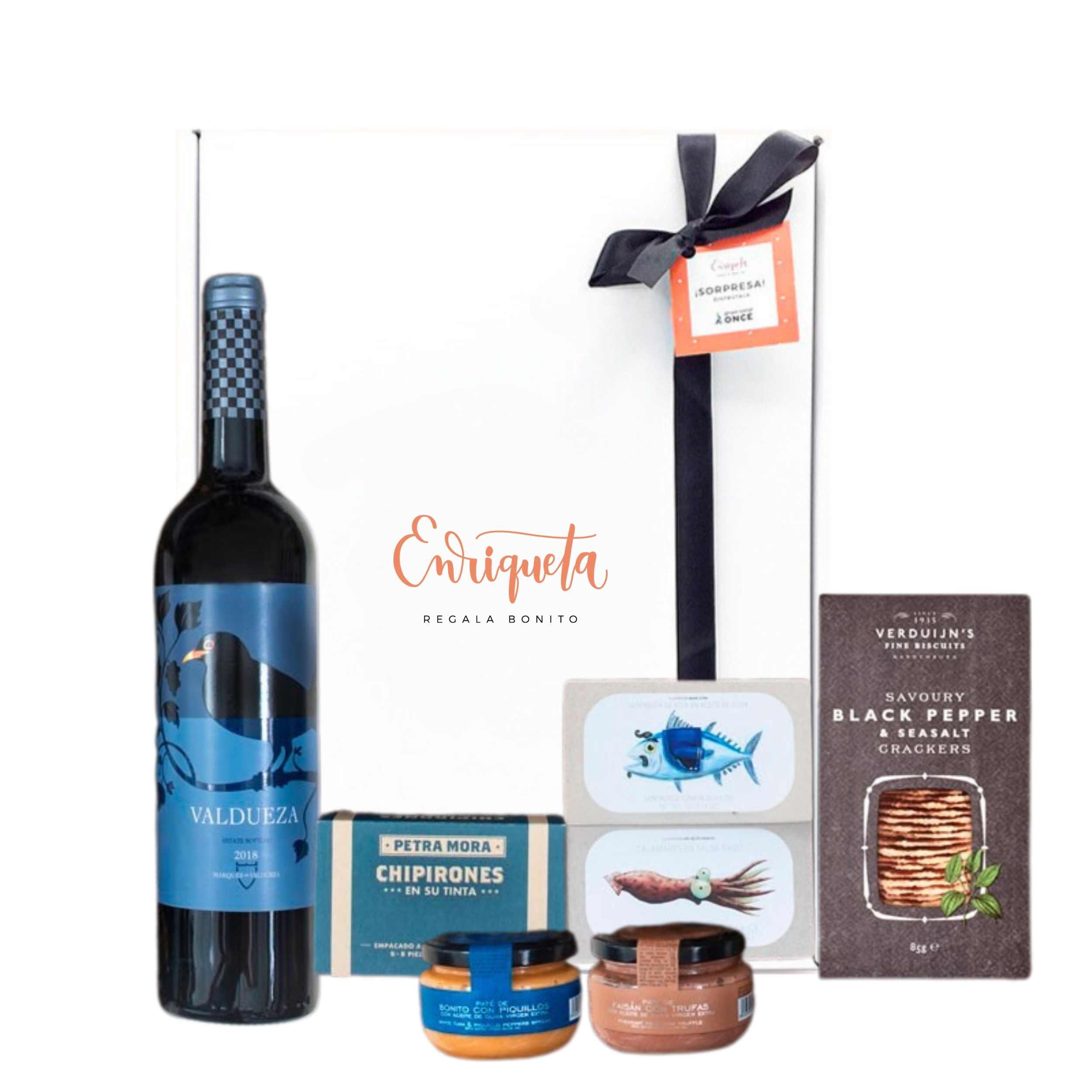Caja regalo con vino, chipirones, pates, sardinas, calamares y crakers image number null